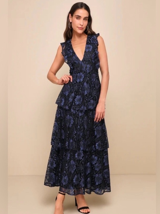 Lulus Dresses & Skirts - Lulus Royal Blue & Black Floral Lace Tiered Maxi Dress